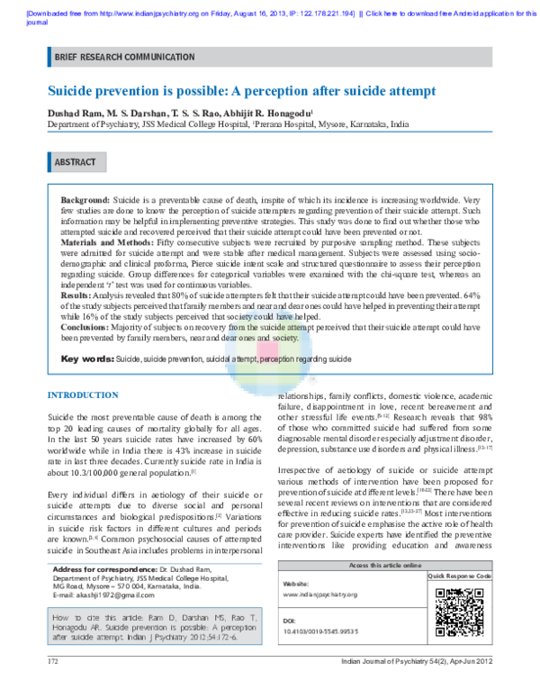 (PDF) Suicide prevention is possible: A perception after suicide attempt