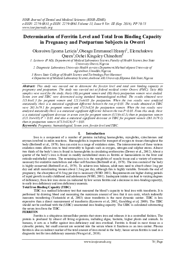 (PDF) Determination of Ferritin Level and Total Iron Binding Capacity