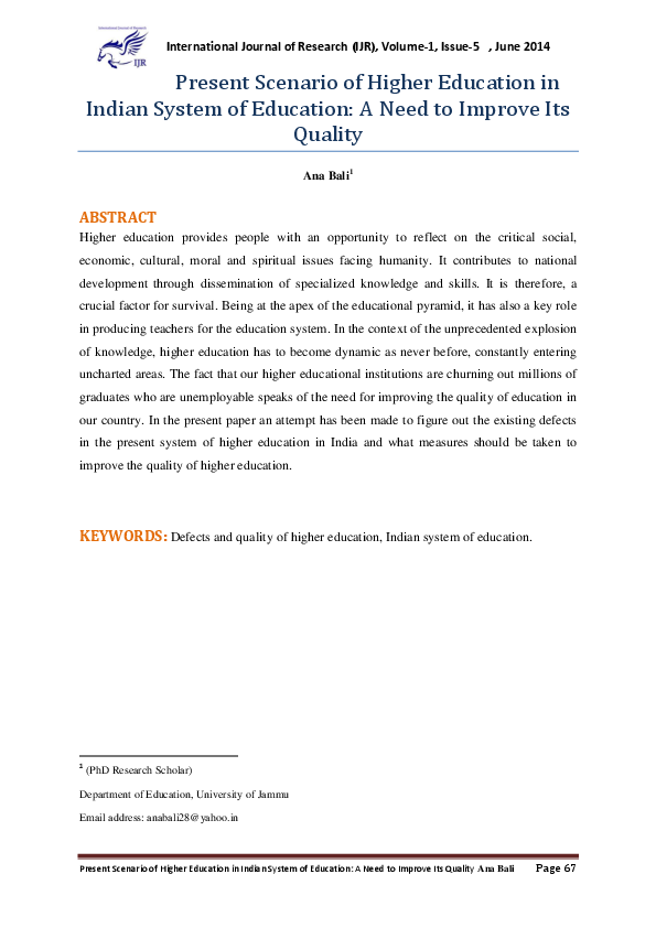 (PDF) Present Scenario of Higher Education in Indian System of ...