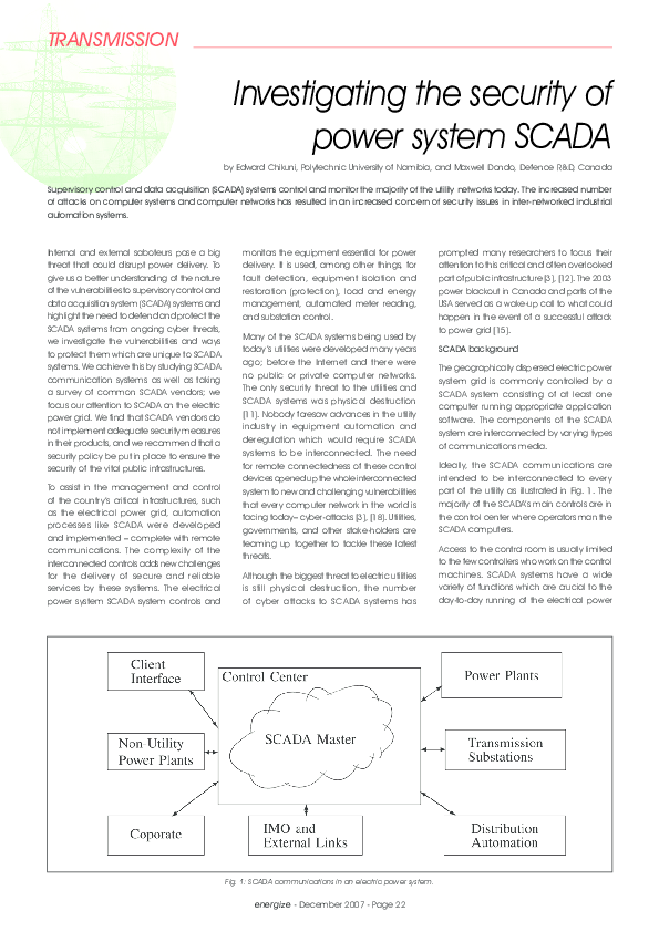 (PDF) Investigating the Security of Power System SCADA