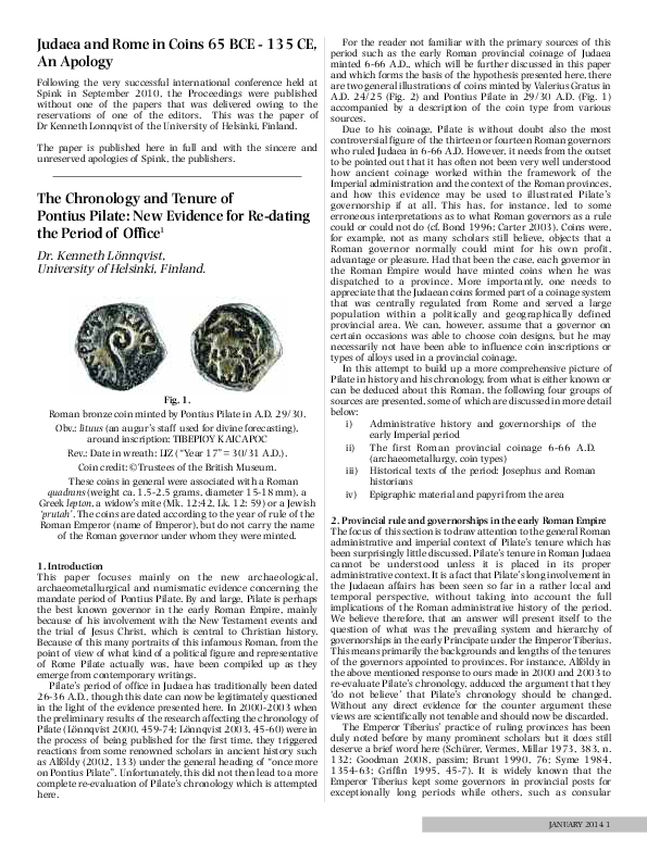 First page of “The Chronology and Tenure of Pontius Pilate, New Evidence for Re-dating the Period of Office. Judaea and Rome in Coins, 65 BCE - 135 CE. The Numismatic Circular, pp. 1-7. Kenneth Lönnqvist.”