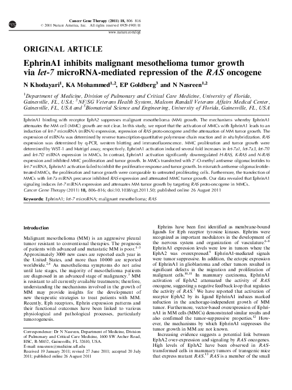 (PDF) EphrinA1 inhibits malignant mesothelioma tumor growth via let-7 ...