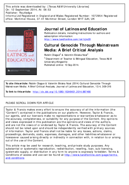 (PDF) Cultural Genocide Through Mainstream Media: A Brief Critical Analysis