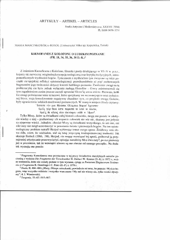 (PDF) Ksenofanes z Kolofonu o poznaniu ludzkim (fr. 18, 34, 35, 36 i 38 ...