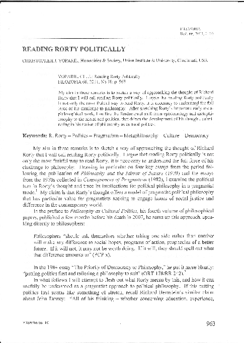 (PDF) Reading Rorty Politically