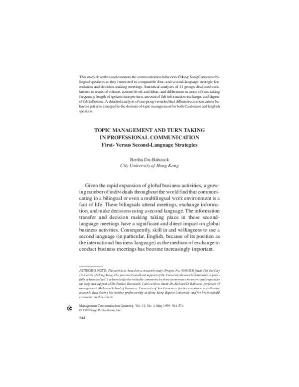 (PDF) Topic management and turn taking in professional communication