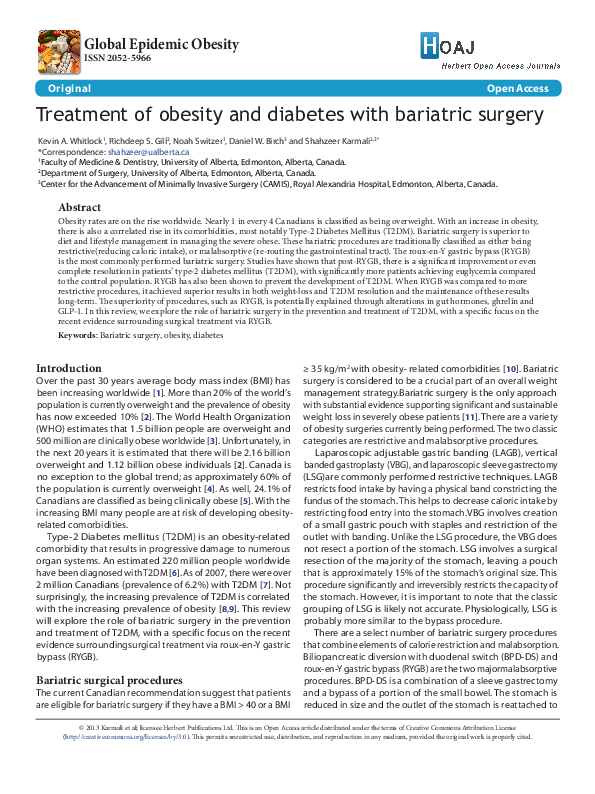 (PDF) Treatment of obesity and diabetes with bariatric surgery