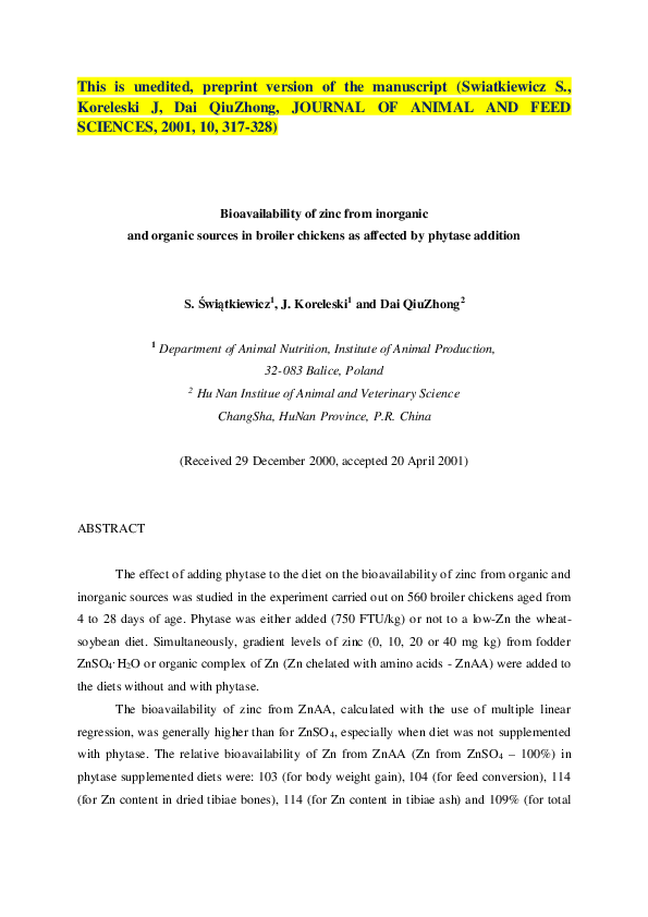(PDF) The bioavailability of zinc from inorganic and organic sources in ...