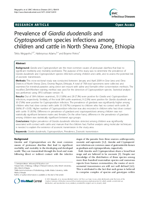 (PDF) Prevalence of Giardia duodenalis and Cryptosporidium species ...