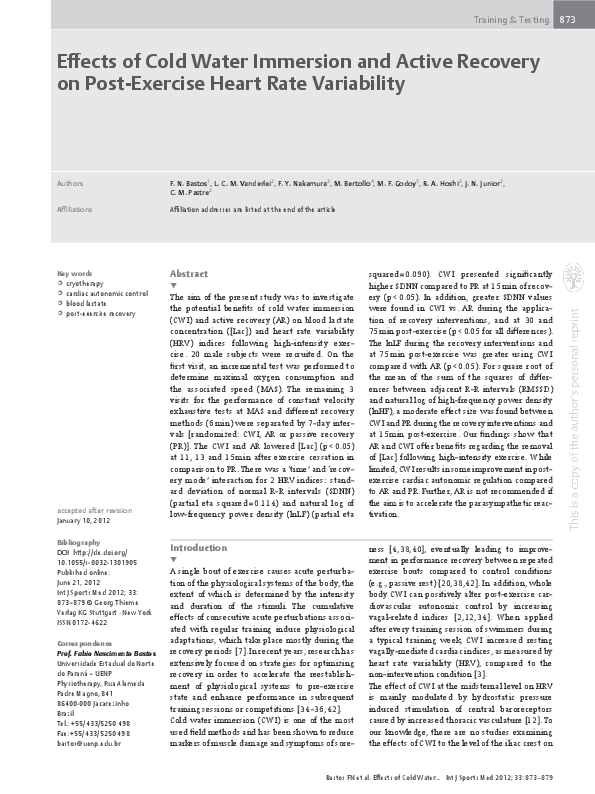 (PDF) Effects of cold water immersion and active recovery on post ...