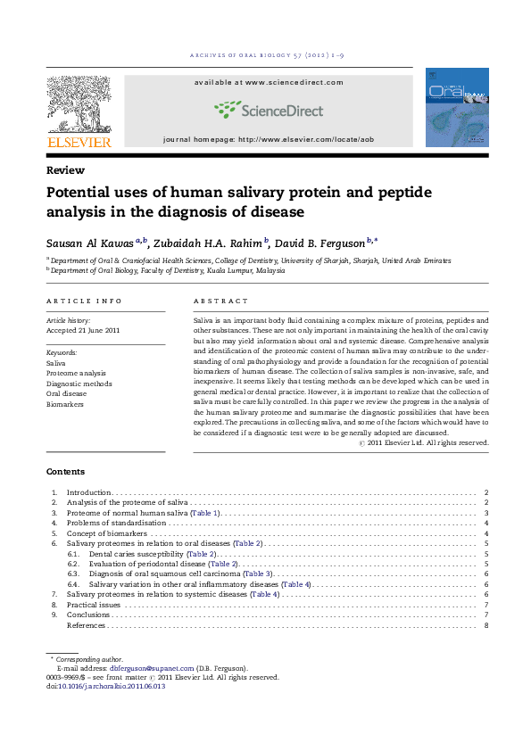 (PDF) Potential uses of human salivary protein and peptide analysis in ...