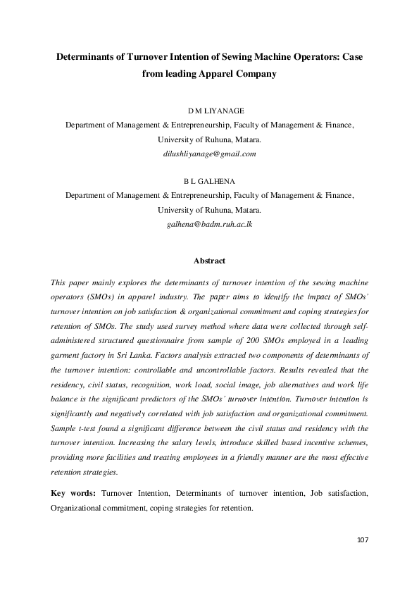 (PDF) Determinants of Turnover Intention of Sewing Machine Operators