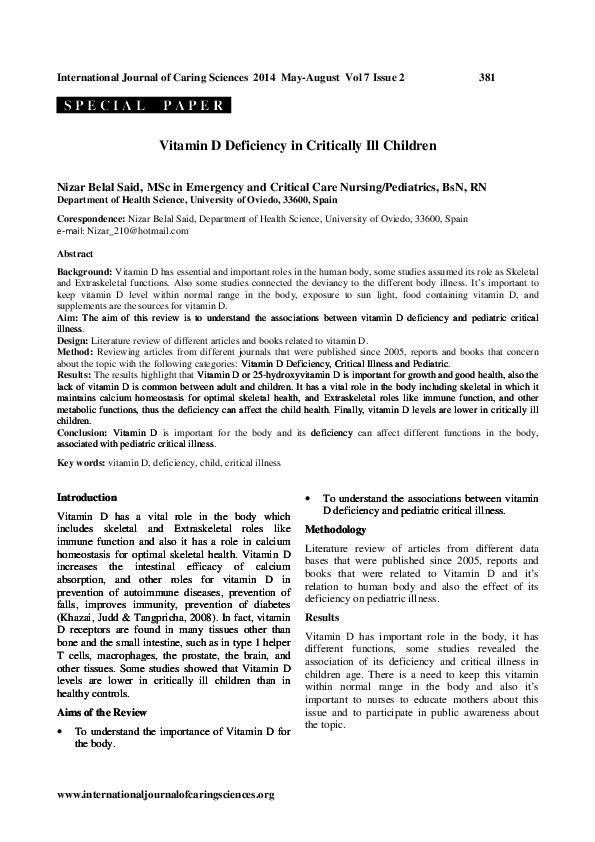 (PDF) Vitamin D Deficiency in Critically Ill Children