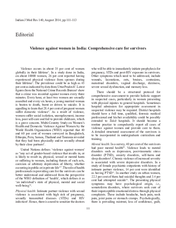 (PDF) Violence against women in India : Comprehensive care for survivors