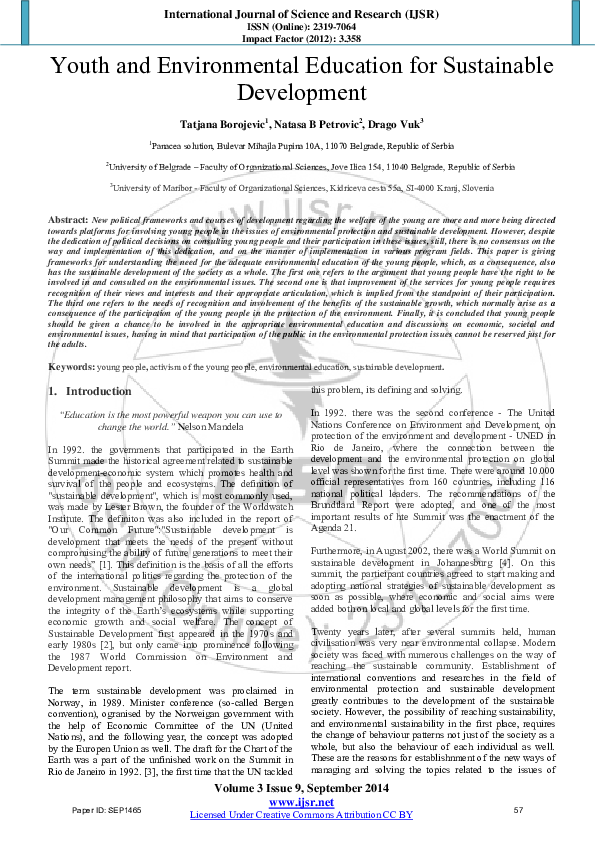 Pdf Youth And Environmental Education For Sustainable Development