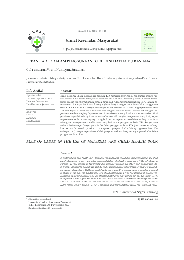(PDF) ROLE OF CADRE IN THE USE OF MATERNAL AND CHILD HEALTH BOOK