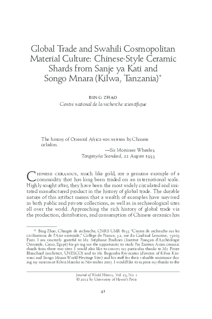 Global Trade and Swahili Cosmopolitan Material Culture: Chinese-Style Ceramic Shards from Sanje ya