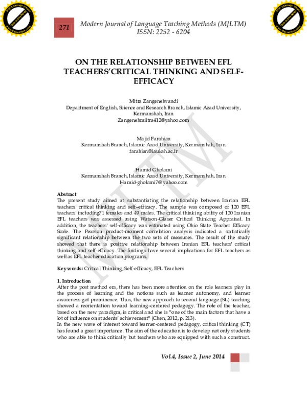 Pdf On The Relationship Between Efl Teachers Critical Thinking And