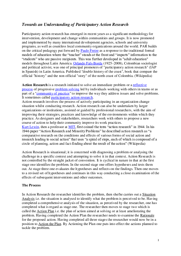 (DOC) Towards an Understanding of Participatory Action Research