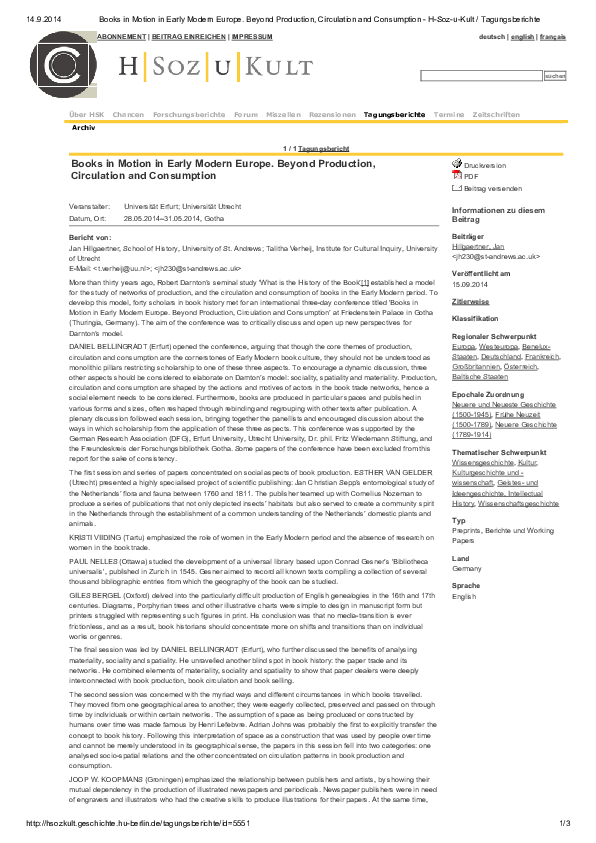 (PDF) Conference Report Books in Motion in Early Modern Europe. Beyond Production, Circulation