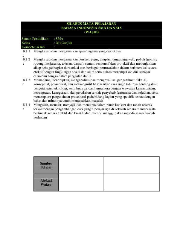 Doc Silabus Mata Pelajaran Bahasa Indonesia Sma Dan Ma Wajib