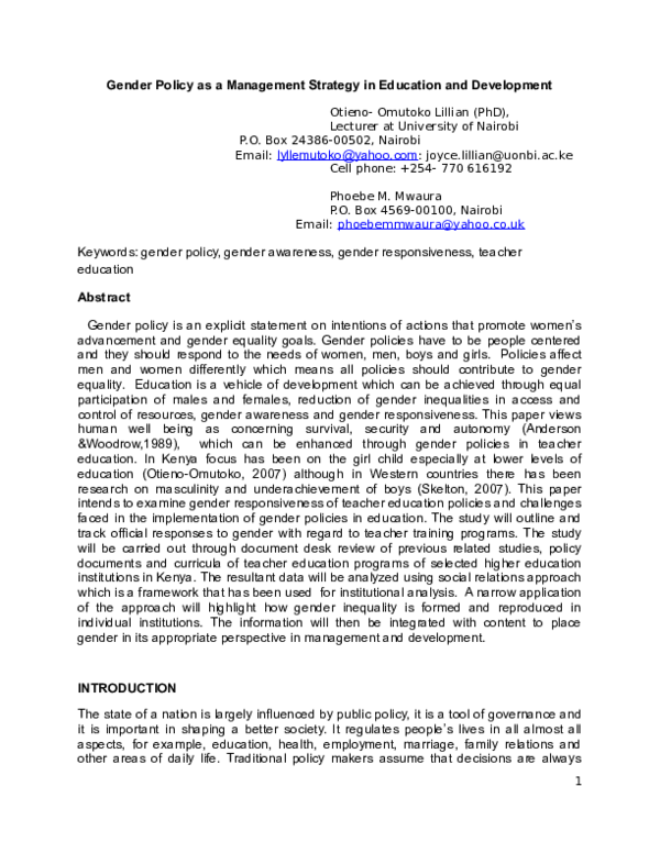 Gender Policy As A Management Strategy In Education And