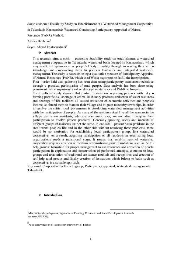 (DOC) Socioeconomic Feasibility Study on Establishment of a Watershed