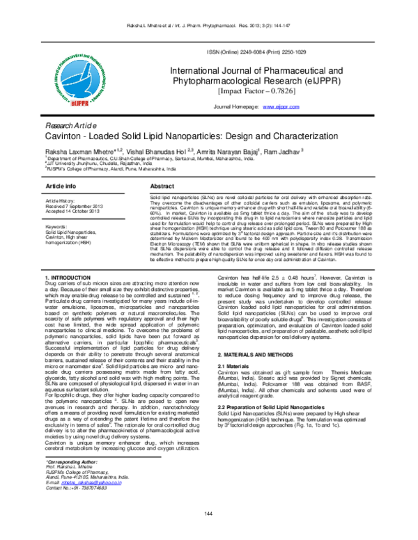 (PDF) 16. Cavinton - Loaded Solid Lipid Nanoparticles Design and ...