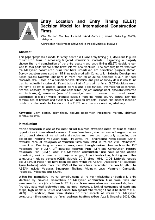 (PDF) Entry Location and Entry Timing (ELET) Decision Model for ...