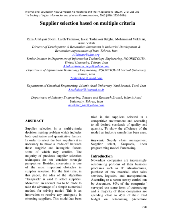 (PDF) SUPPLIER SELECTION BASED ON MULTIPLE CRITERIA