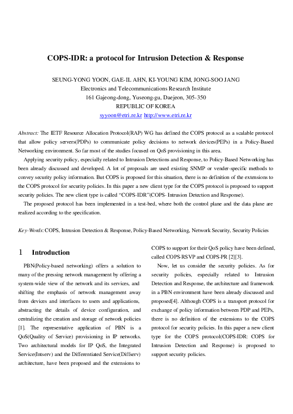 (PDF) COPS-IDR: a protocol for Intrusion Detection & Response
