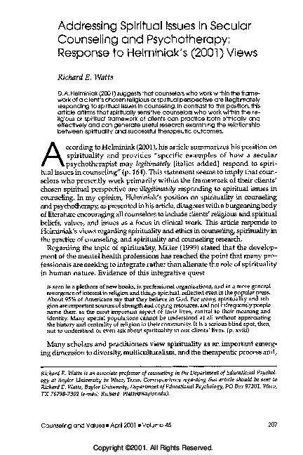 (PDF) Counseling and Values ♦ 2001 ♦ Addressing Spirituality Issues in ...
