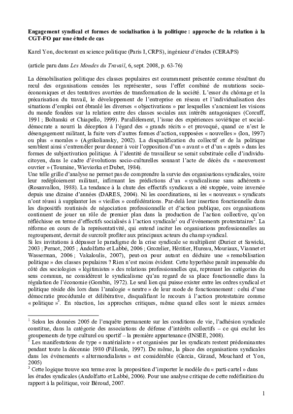 Engagement Syndical Et Formes De Socialisation A La Politique Approche De La Relation A La Cgt Fo Par Une Etude De Cas Karel Yon Academia Edu