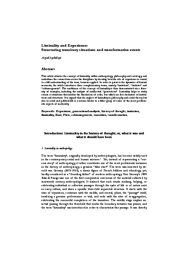 Pdf Liminality And Experience Structuring Transitory Situations And Transformative Events Arpad Szakolczai Academia Edu