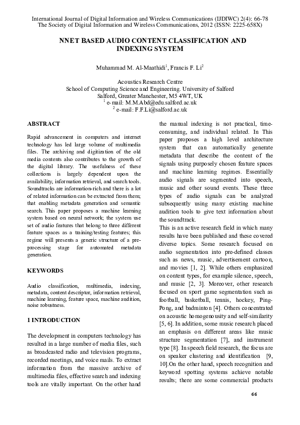 (PDF) NNET BASED AUDIO CONTENT CLASSIFICATION AND INDEXING SYSTEM