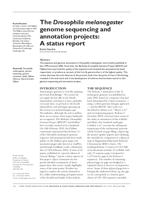 (PDF) The Drosophila melanogaster genome sequencing and annotation