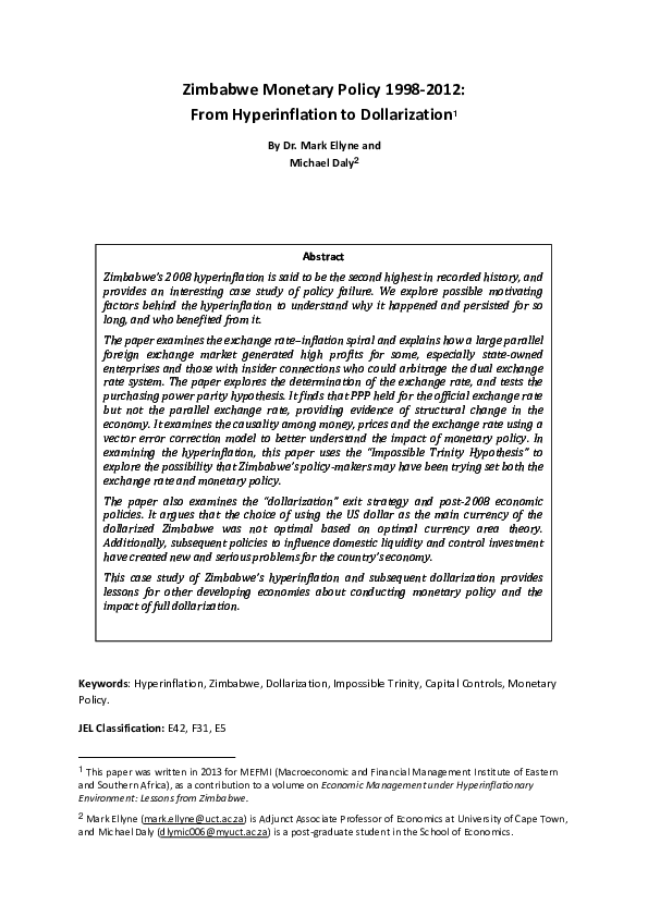 (PDF) Zimbabwe Monetary Policy 1998-2012: From Hyperinflation to