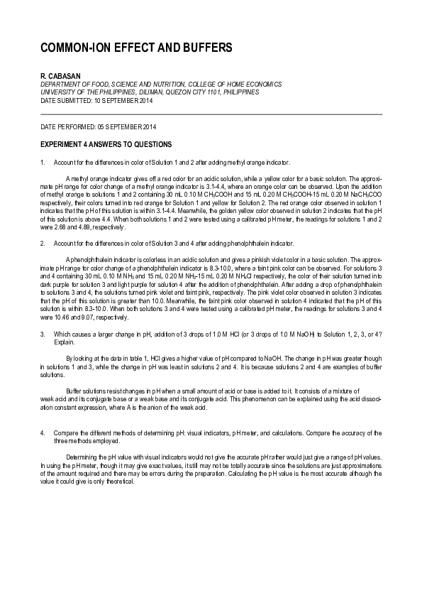 (DOC) Common Ion Effect and Buffers