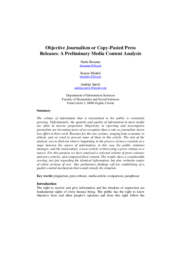 (PDF) Objective Journalism or CopyPasted Press Releases A Preliminary