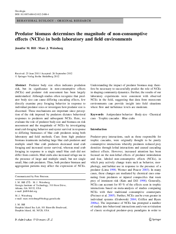 (PDF) Predator biomass determines the magnitude of non-consumptive ...