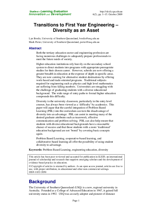 (PDF) Transitions to First Year Engineering - Diversity as an Asset