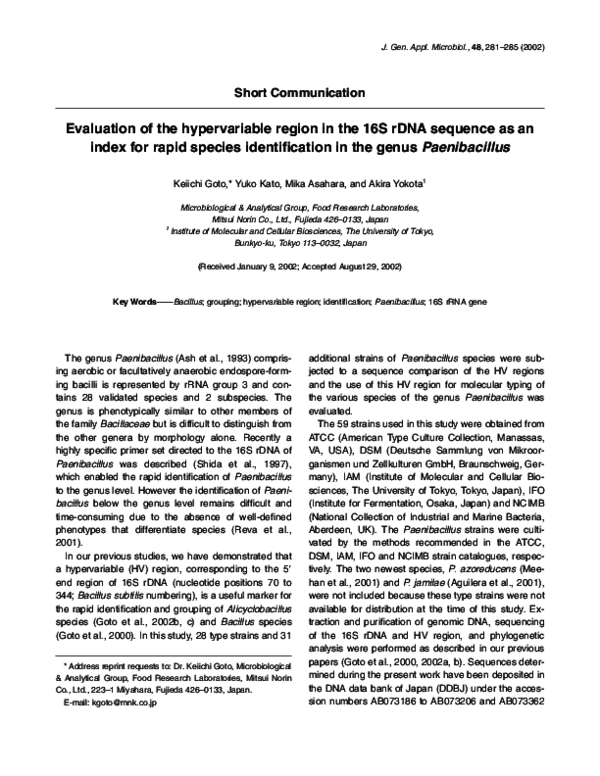 (PDF) Evaluation of the hypervariable region in the 16S rDNA sequence ...