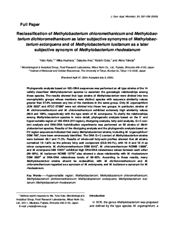 (PDF) Reclassification of Methylobacterium chloromethanicum and ...