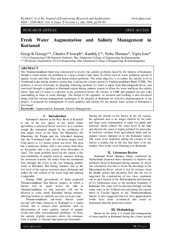 (PDF) Fresh Water Augmentation and Salinity Management in Kuttanad IJERA Journal Academia.edu