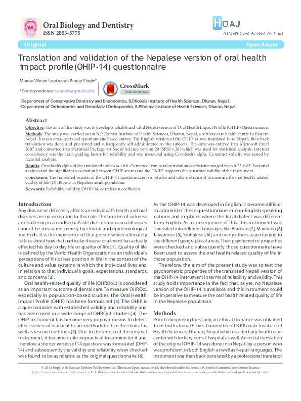 Translation and validation of the Nepalese version of oral health