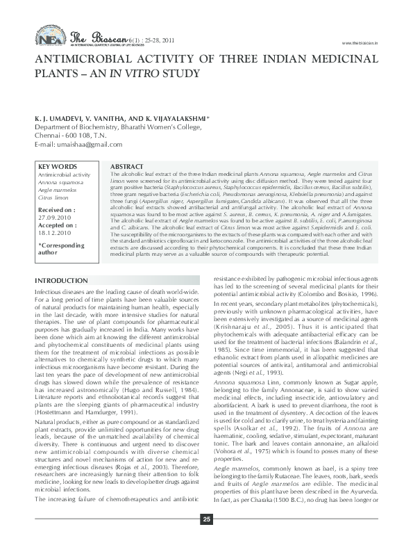 (PDF) ANTIMICROBIAL ACTIVITY OF THREE INDIAN MEDICINAL PLANTS – AN IN ...