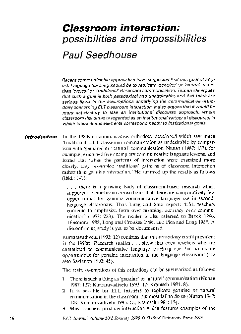 (PDF) Classroom interaction: possibilities and impossibilities
