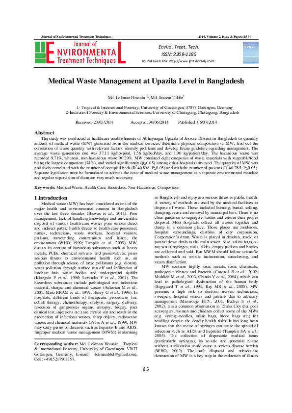 (PDF) Medical Waste Management at Upazila Level in Bangladesh Md