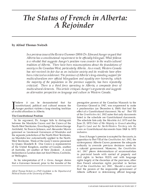 (PDF) The Status of French in Alberta: A Rejoinder
