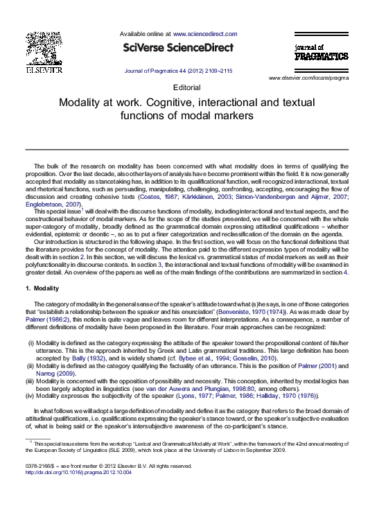 (PDF) Modality at work. Cognitive, interactional and textual functions